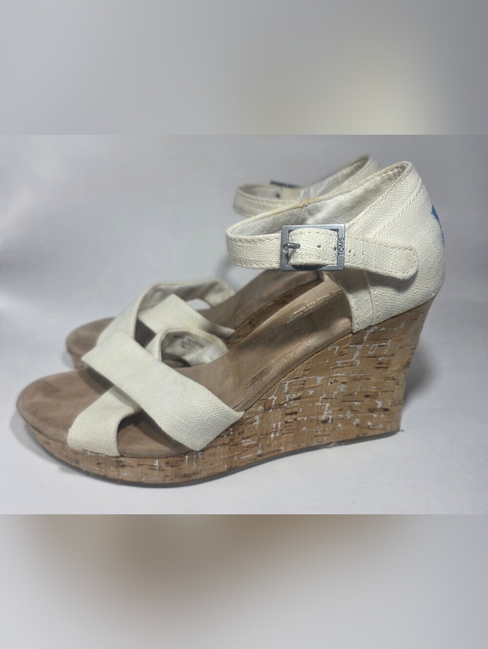 TOMS Women's Wedge Sandals Size 8.5 White Canvas Cork Heel Ankle Strap - Picture 6 of 9
